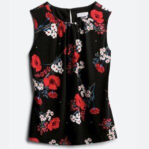 Calvin Klein Sleeveless Pleat Neck Knit Cami Sleeveless Top Black Red Floral XS